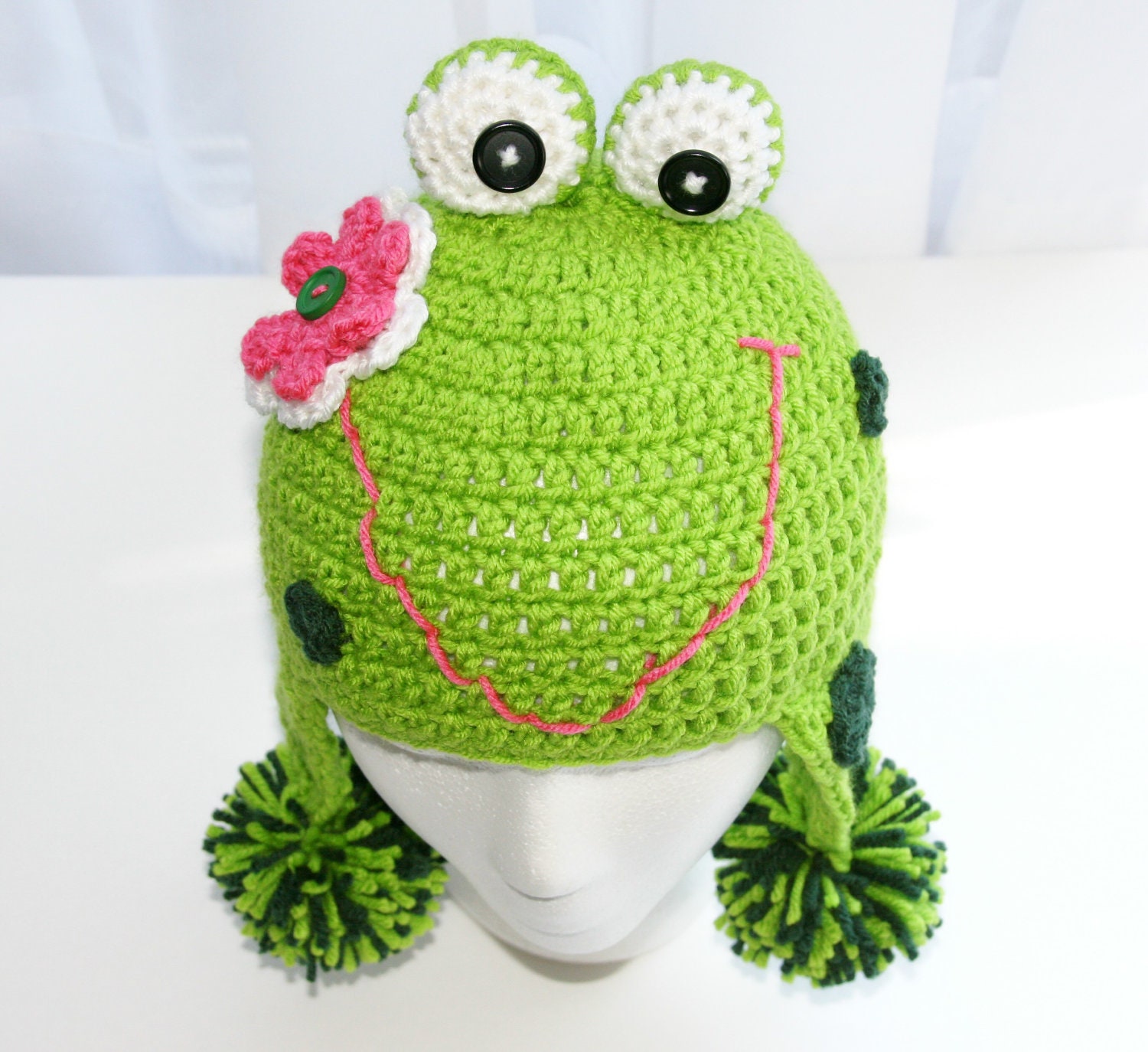 Childs frog hat crochet in green with pink flower custom sizes and colors boy or girl
