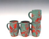 Palm Tree Mugs - Red and Green Stoneware Mugs