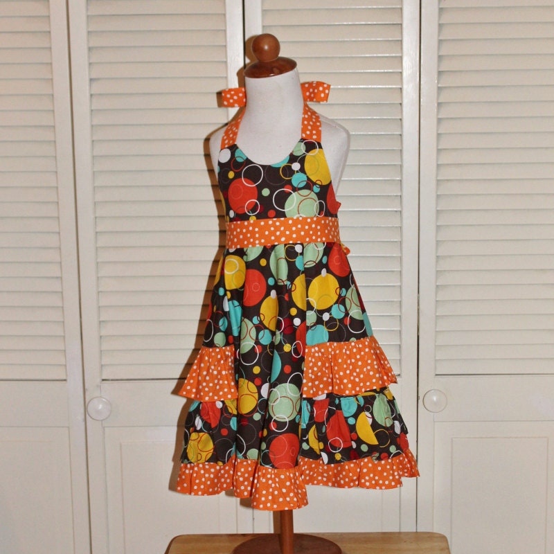 Handmade Ruffle Sundress in Brown Multi Dot with Orange Mini Dots
