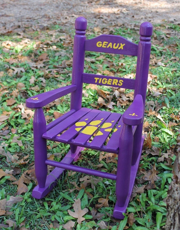 Hand Painted Child Size Rocking Chair in Purple with Pal Prints for LSU fans