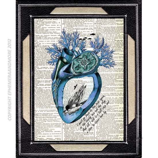 NAUTICAL HEART mixed media art print on dictionary print book page art print blue sea ocean tall ship dictionary art print 8x10