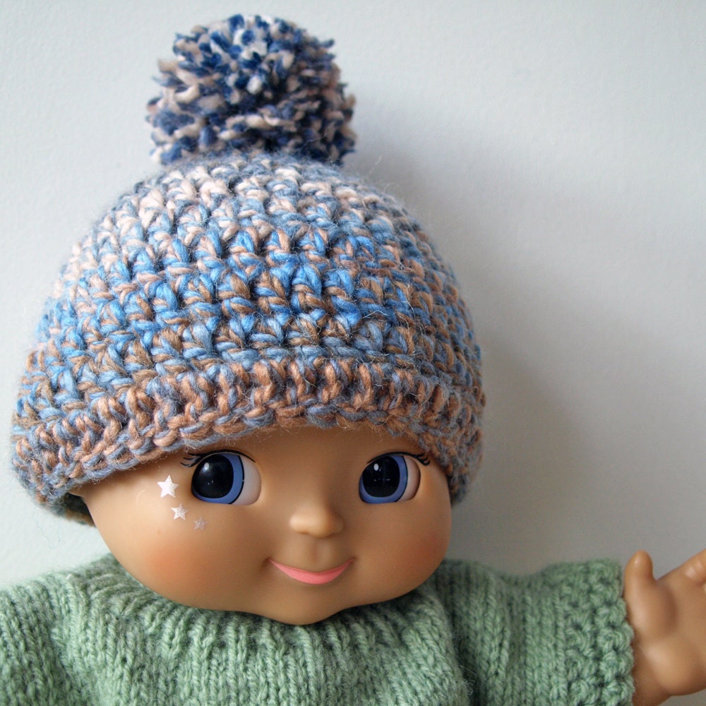 Blue and Browns Crochet Baby Beanie Hat with Pom Pom