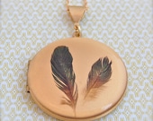 Feathers on a Vintage Locket Necklace 16K Gold Plated