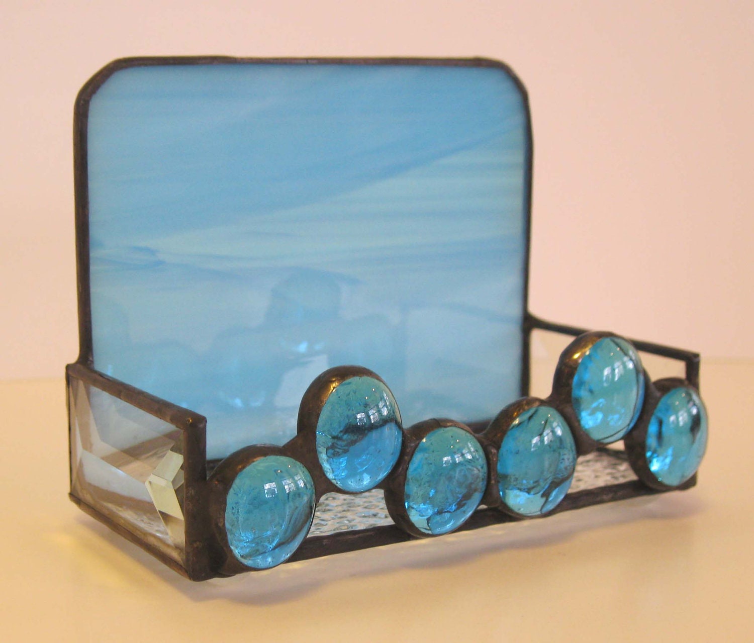 Stained Glass Business Card Holder - Sky Blue with Blue Glass Nuggets