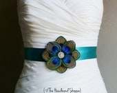 Peacock Bridal or Bridesmaids Sash on Teal - ALBANY - Made to Order