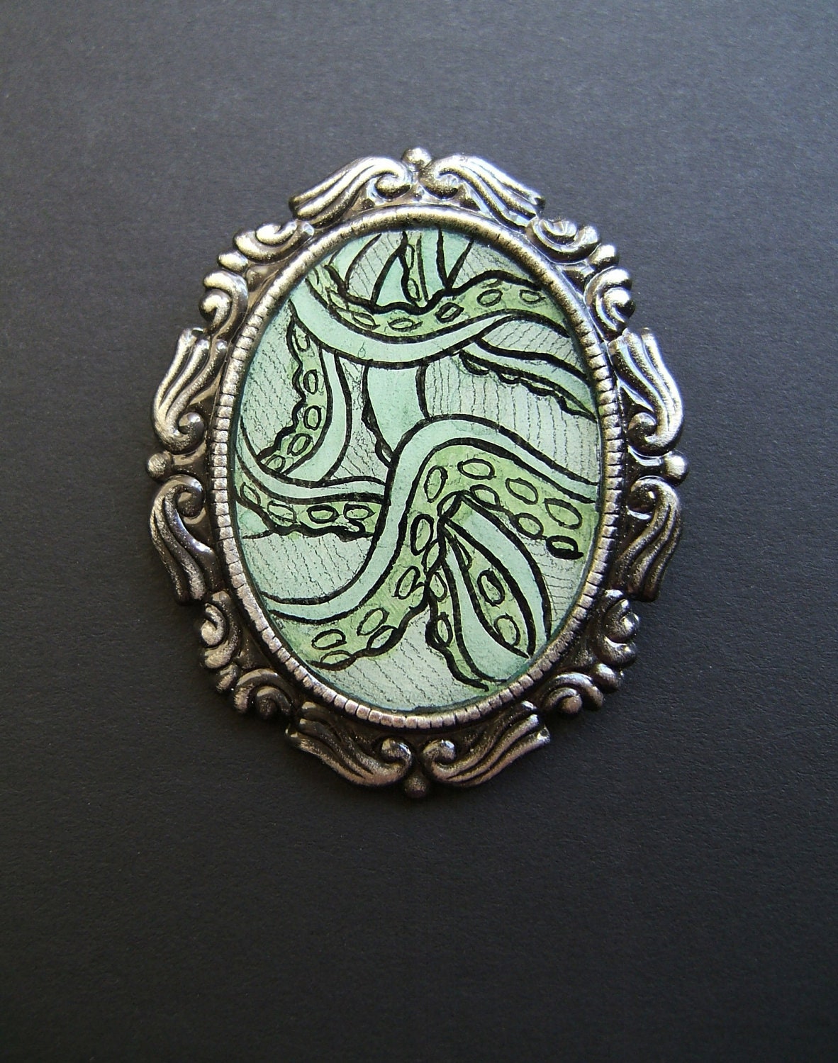 TENTACLES FOREVER Green 30 x 40 mm Hand Painted Cameo Pin
