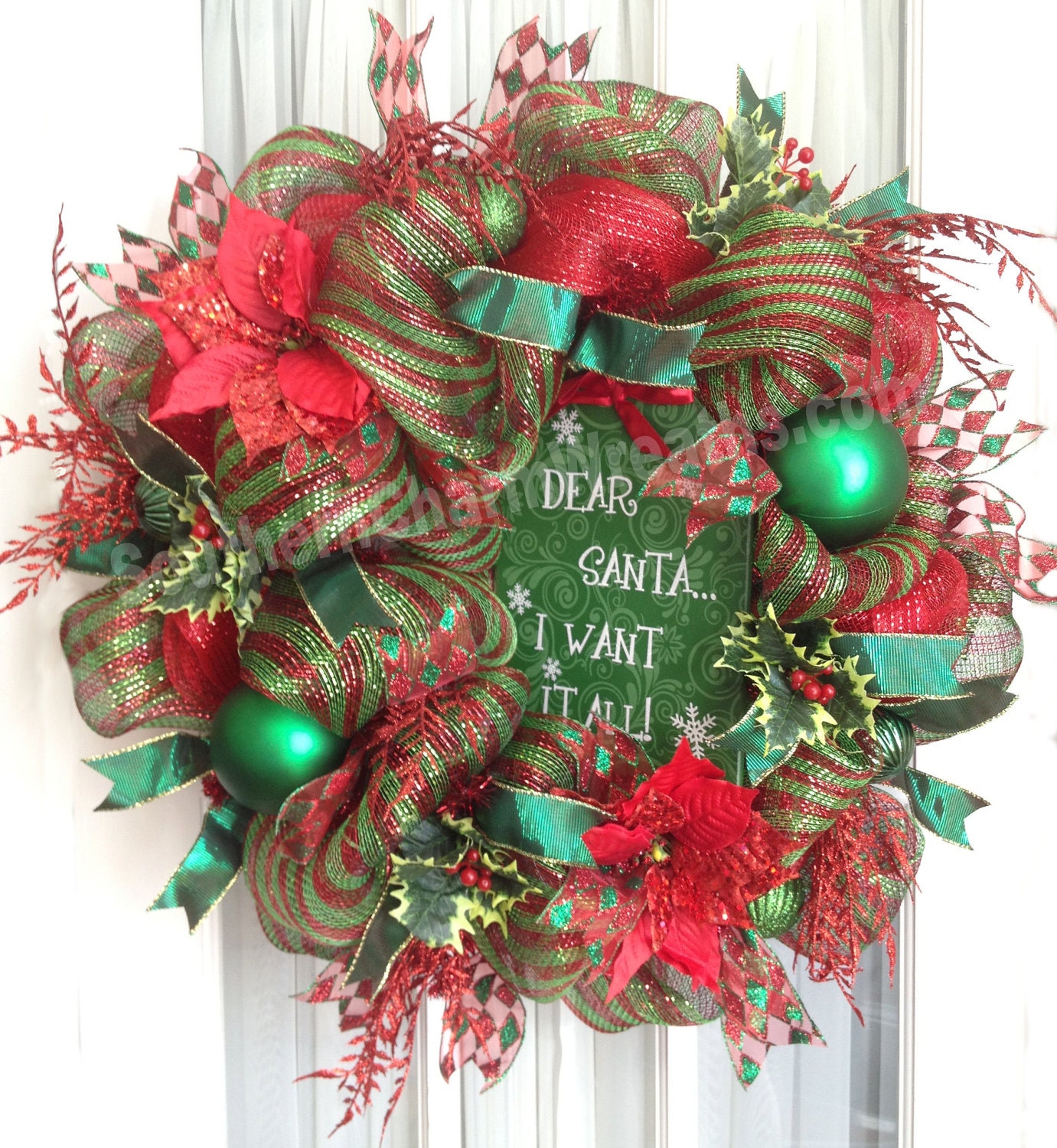PREMIUM XL Deco Mesh CHRISTMAS Wreath For Door or Wall Red Emerald Stripe