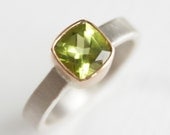 Peridot Ring in Recycled 14k Gold and Sterling Cushion Cut Gemstone August Birthstone