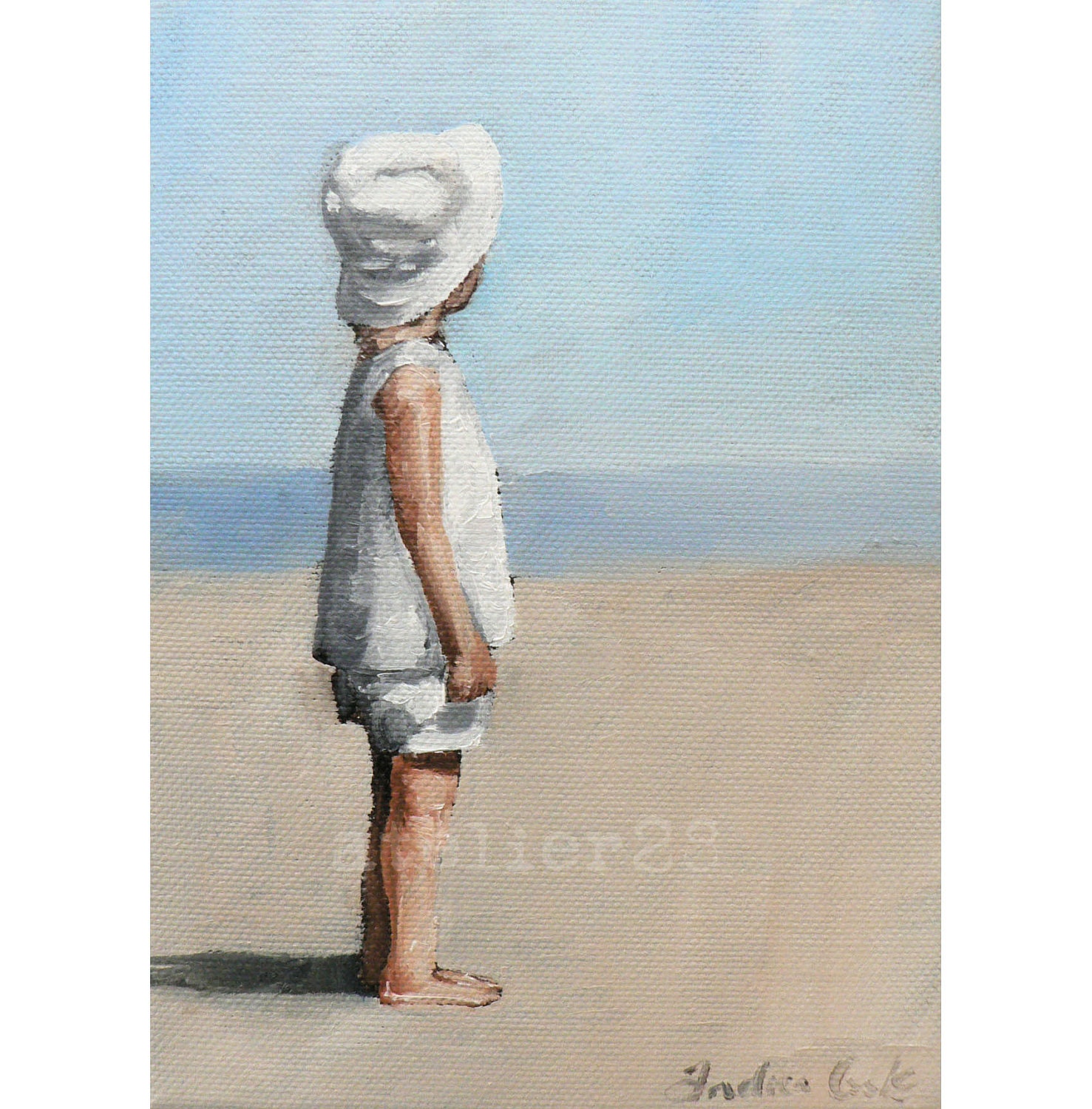 little dreamer: child wearing white sunhat looking out across beach giclee art print
