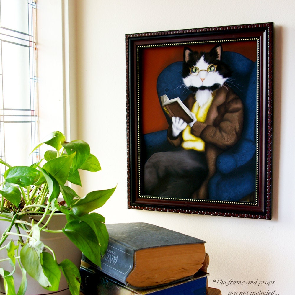 Tuxedo Cat Art, Cat Reading Book, Mr Bennet Pride and Prejudice 11x14 Fine Art Print