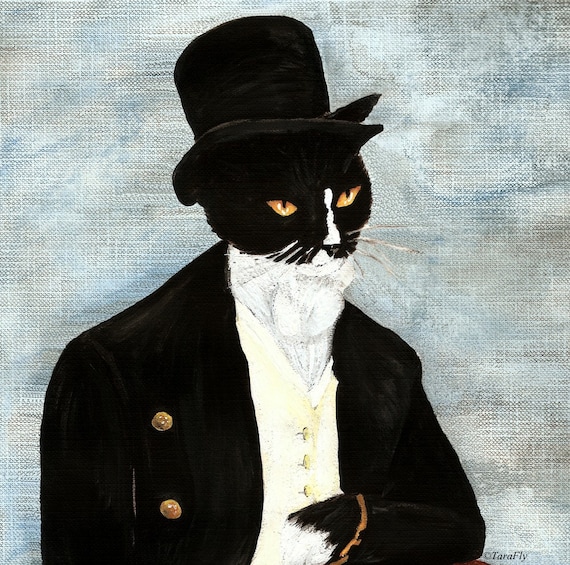 Tuxedo Cat Art, Mr Darcy Cat Gentleman Wearing Coat and Top Hat 8x10 Art Print