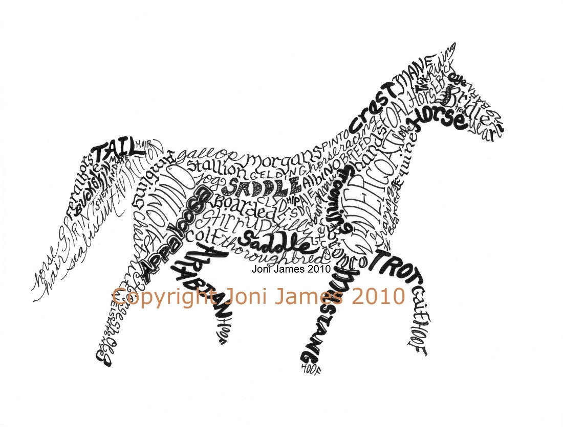 Western Art Horse Art Calligraphy Drawing or Horse Word Art Typography Calligram Illustration, Animal Calligram Print