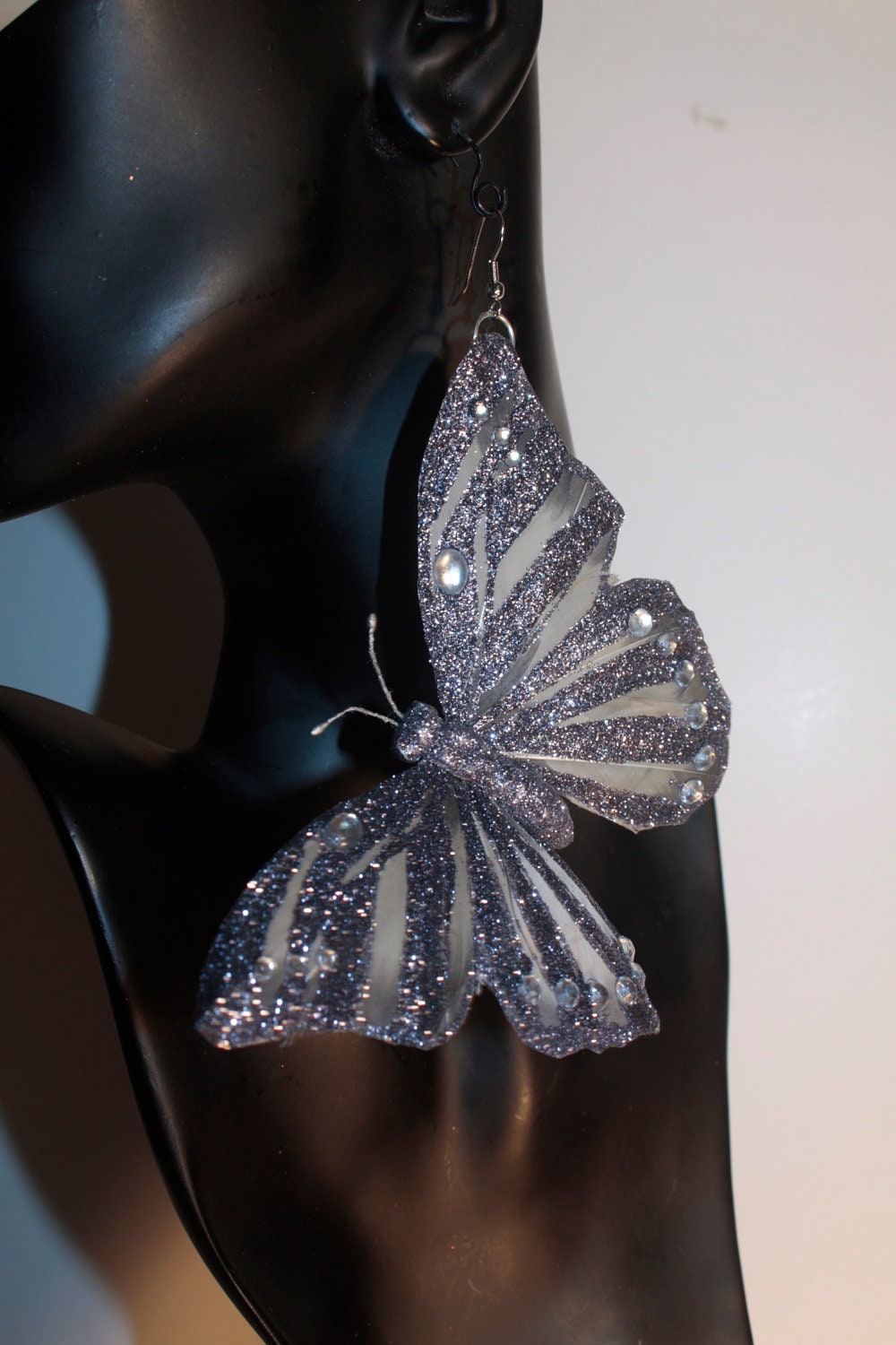 Large pewter glitter butterfly earrings