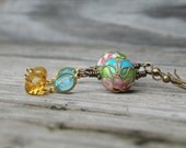 Green Earrings, Crystal Gem Earrings, Cloisonne, Brass