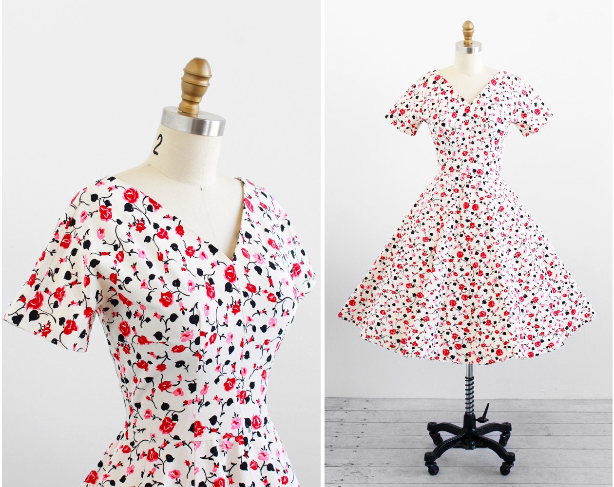 vintage 1950s dress / 50s dress / Pink and Red Roses Print Party Dress / vintage bridesmaid dresses