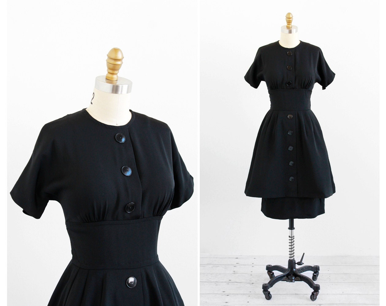 vintage 1950s dress / 50s black dress / Black Double Skirt Cocktail Dress with Buttons