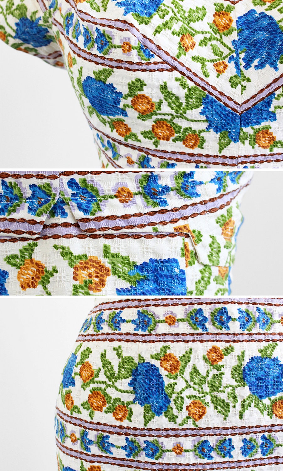 r e s e r v e d - vintage 1950s dress / 50s wiggle dress / Blue Roses Cross Stitch Novelty Print Wiggle Dress