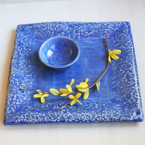 Big Blue Sushi Set - Large Square Serving Plate with Dipping Bowl - Handmade Rustic Floral Dish - Blue Ceramic Pottery