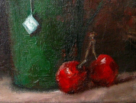 Art, Painting, Still Life, kitchen art, tea cup, cherry tea, Mothers day gift, original acrylic painting, buy direct from artist