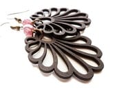 Chocolate Brown Wood Earrings with Pink Glass Beads