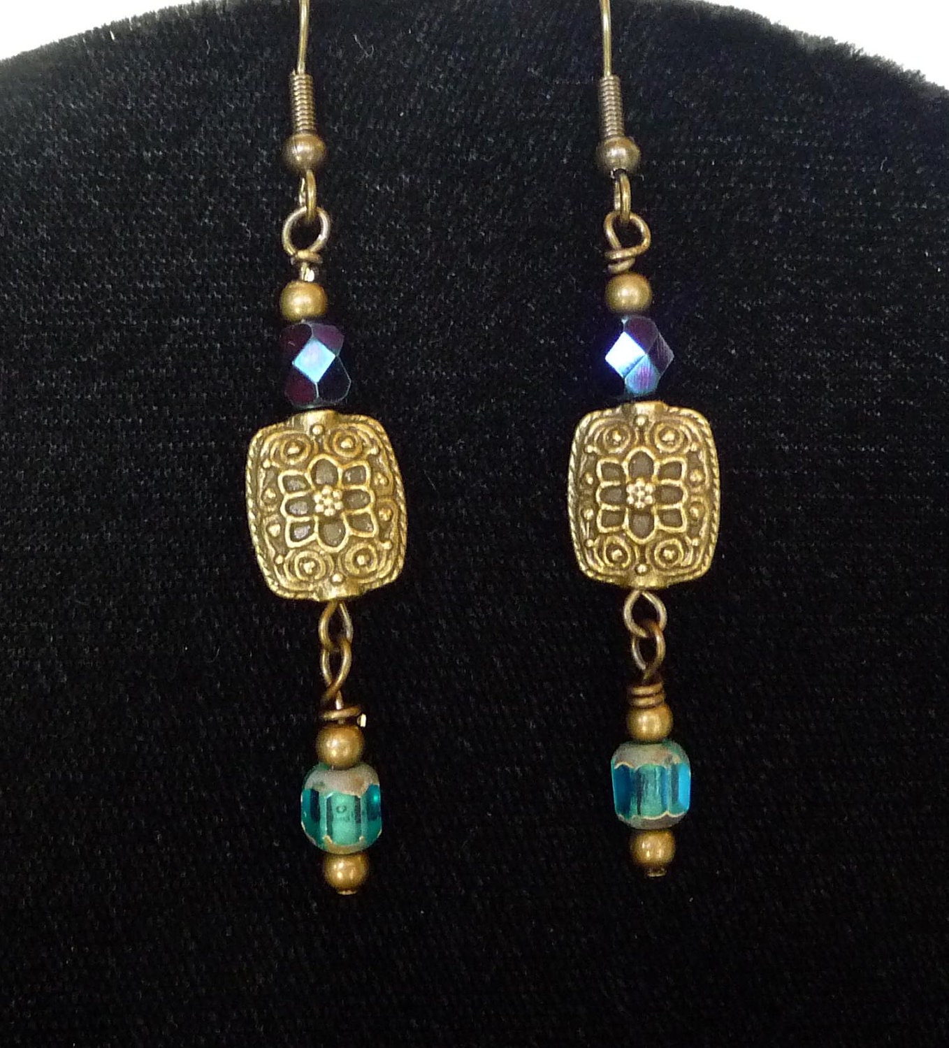 Antiqued Brass and Cut Glass Boho Dangle Earrings