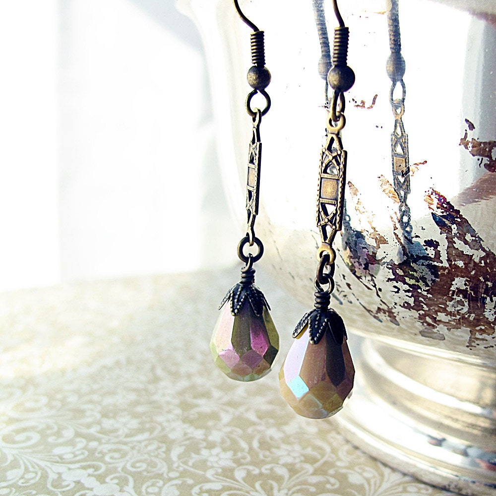 Vintage Bead Earrings, Glass Teardrops, Nude, Beige, Neutral