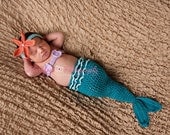 On Sale Mermaid Tail Cocoon, Baby Girl, Headband, Shell Top, Crochet, Photography Prop, 0 to 3 Months