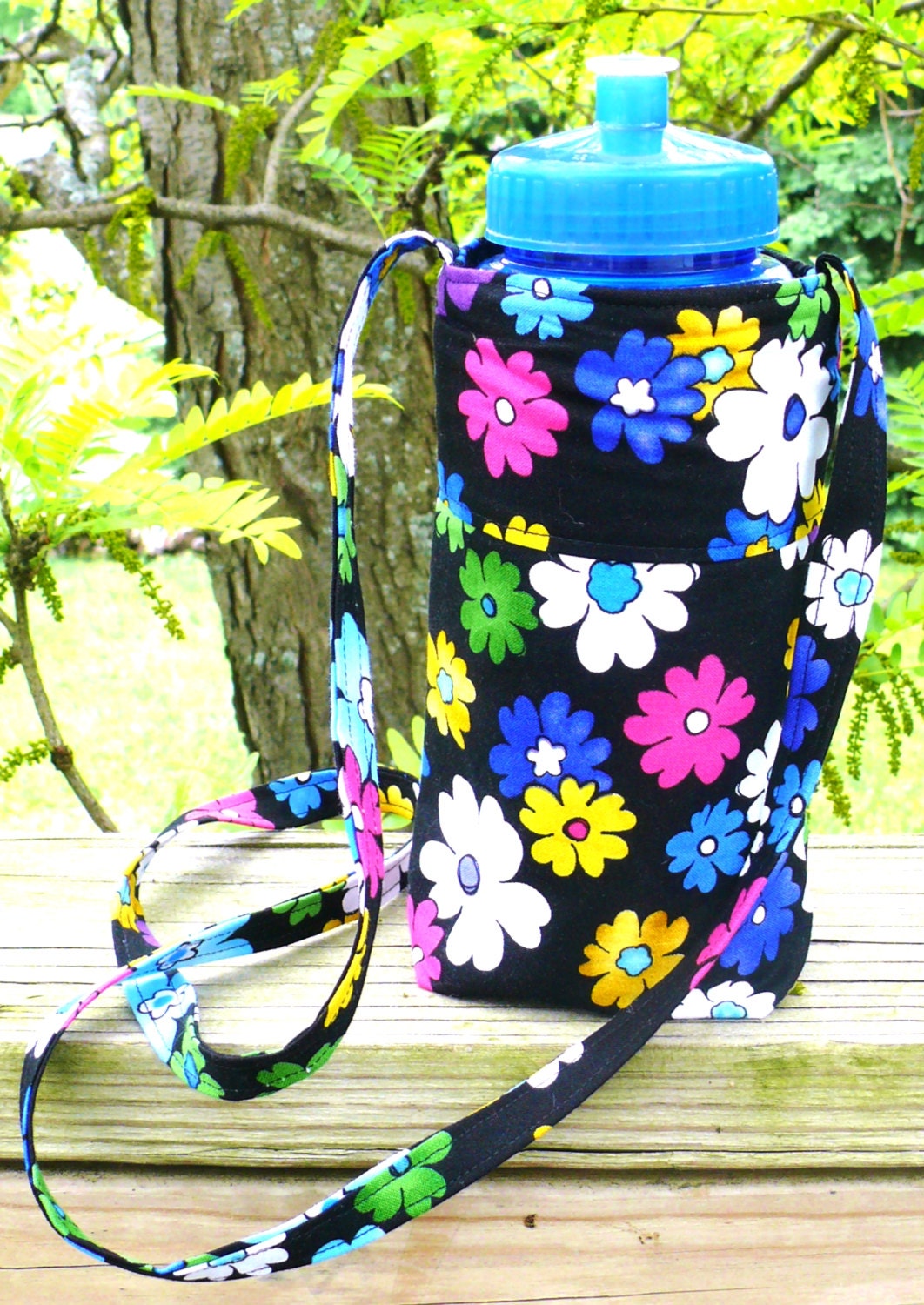 Black Colorful Floral Flowers Water Pop Bottle Cozy Holder Sling