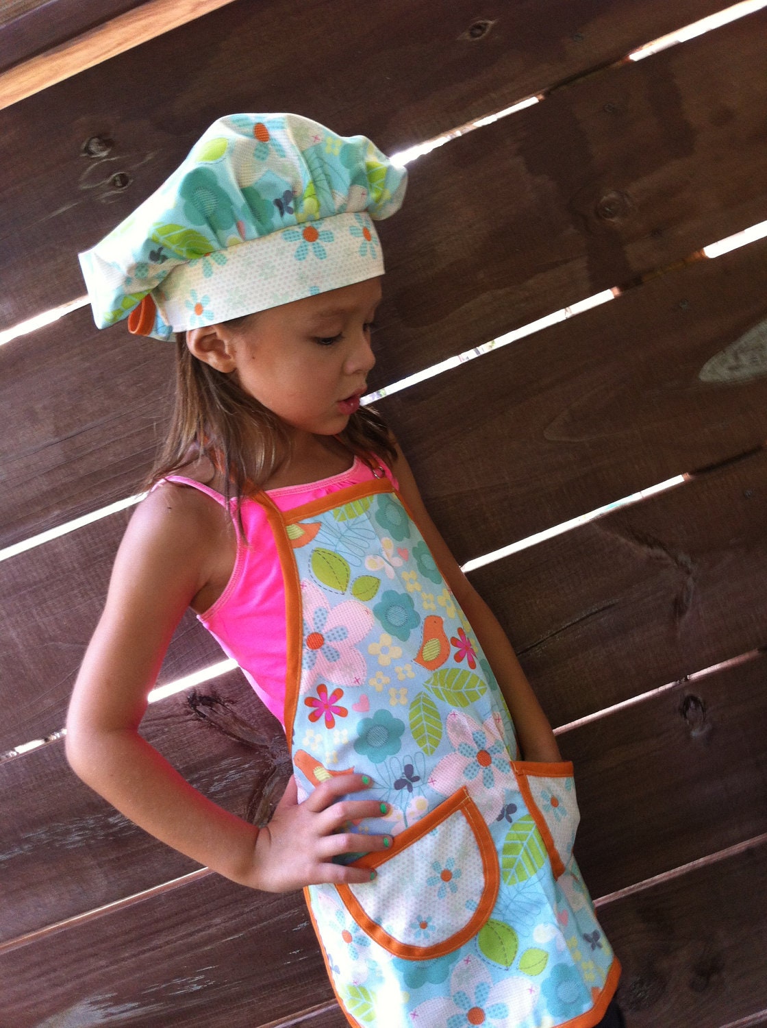 Girls Apron and Chef hat with Birds and Flowers