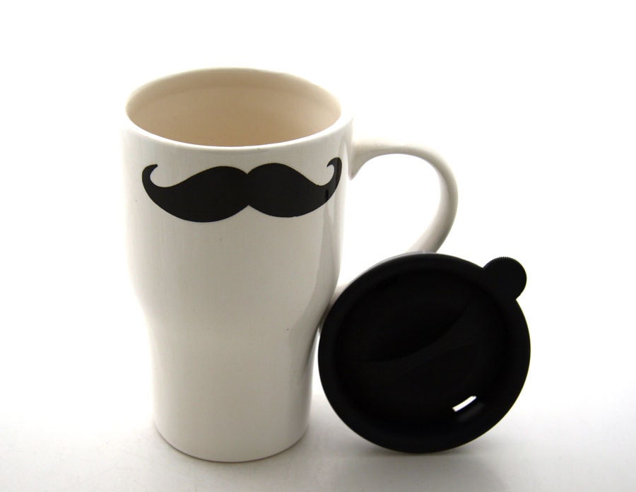 Mustache Moustache Travel Mug with handle Kiln Fired Double Sided