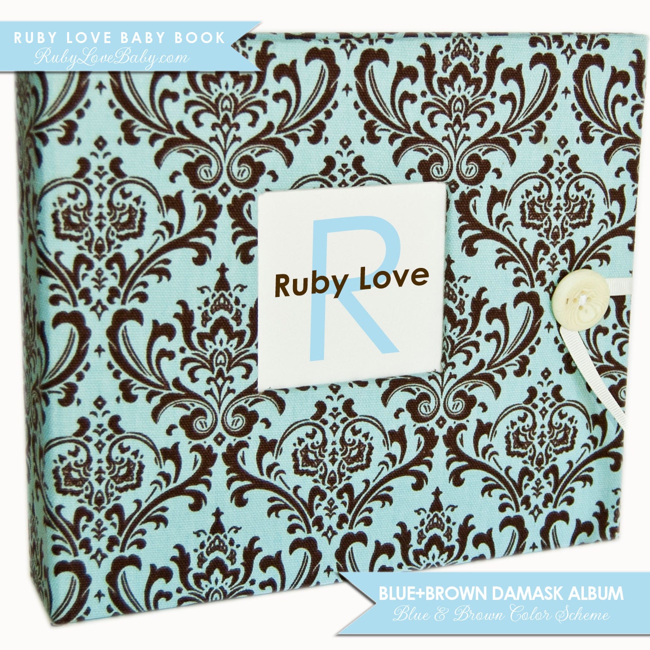 BOY Modern Baby Memory Book . Blue and Brown Damask Album