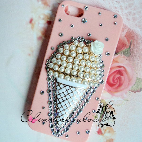 White apple iphone 5 or 4s case, swarovski crystal rhinestone, metal rhinestone Ice Cream Cone US shipping