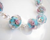 Pink Roses Crystal Blue Heart Silver Toggle Bracelet