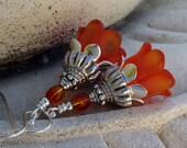 May Sale 10% off - Flower Drop Earrings - Orange, Antique Silver, Bohemian
