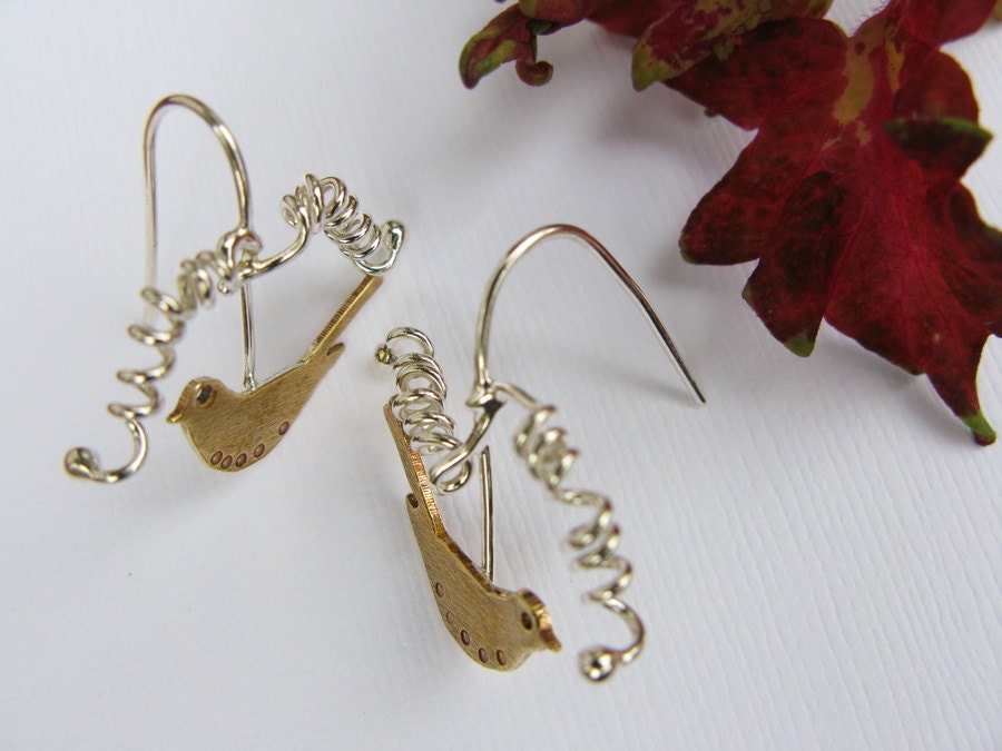 Small or little sterling silver bird drop earrings - silver branch wire earrings - nature earrings - tiny earrings - handmade metalwork