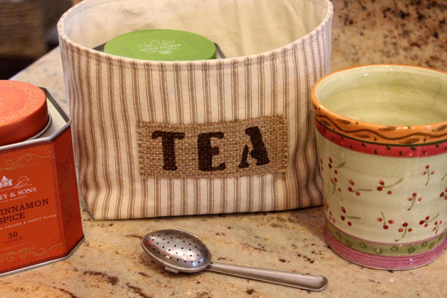 Country Farmhouse Tan and Ivory Stripe Ticking Fabric Tea Basket with a Burlap Label - Medium