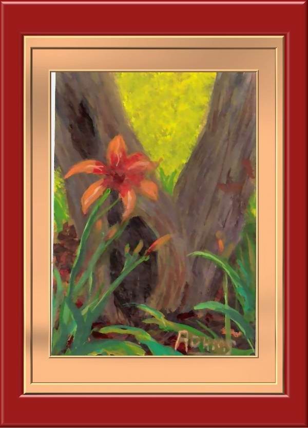 Original ACEO Tiger Lily Tree Trunk Foliage Landscape Flower Floral