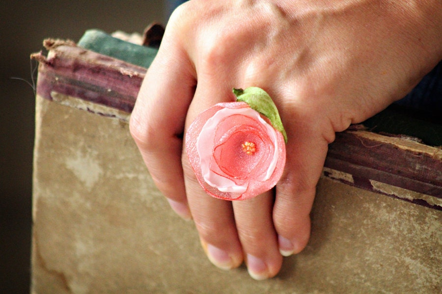 coral and pink blossom cocktail ring