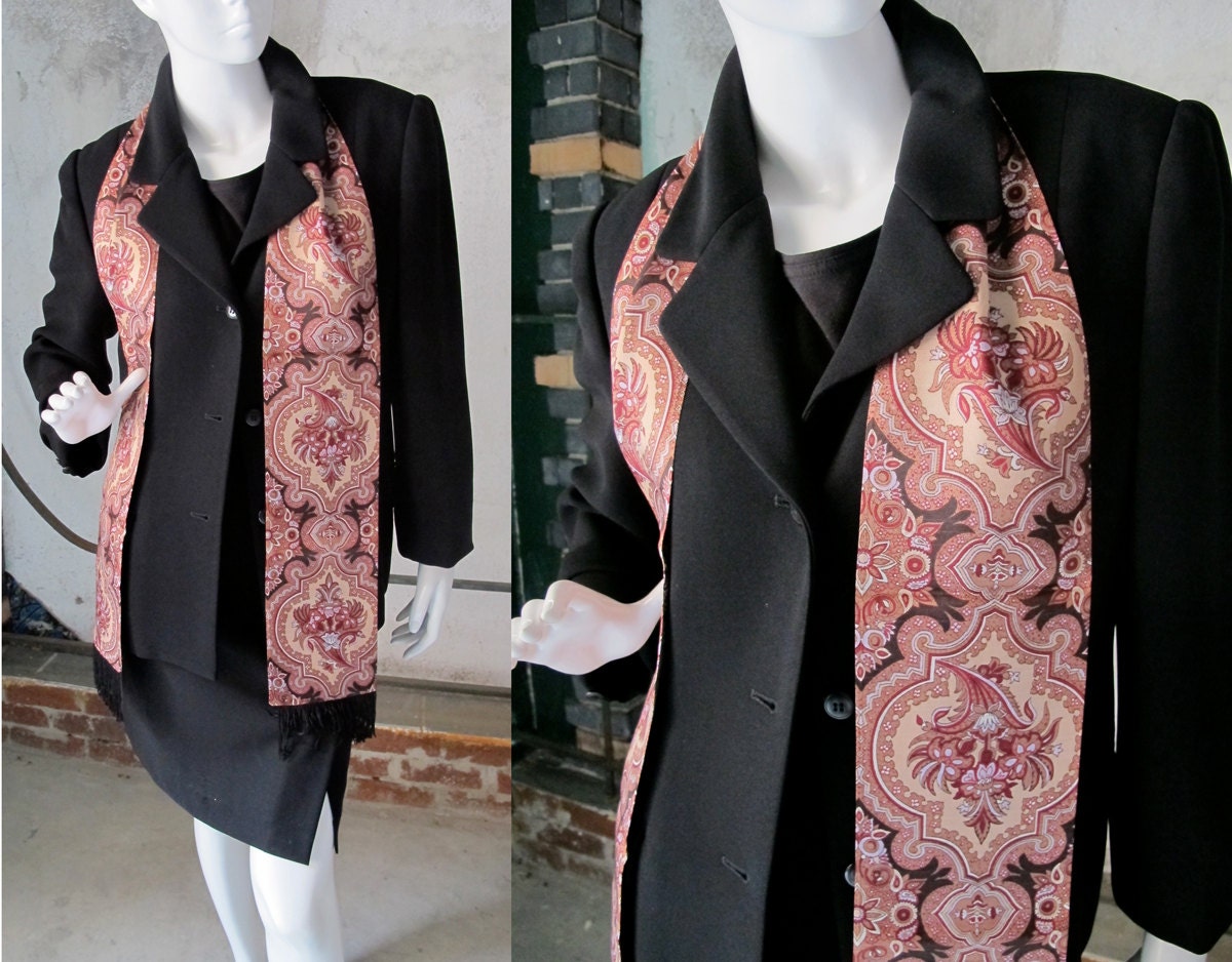 Fringed Coat Scarf, Burgundy Black Tan, Elegant Neck Scarf, Vintage Accessories