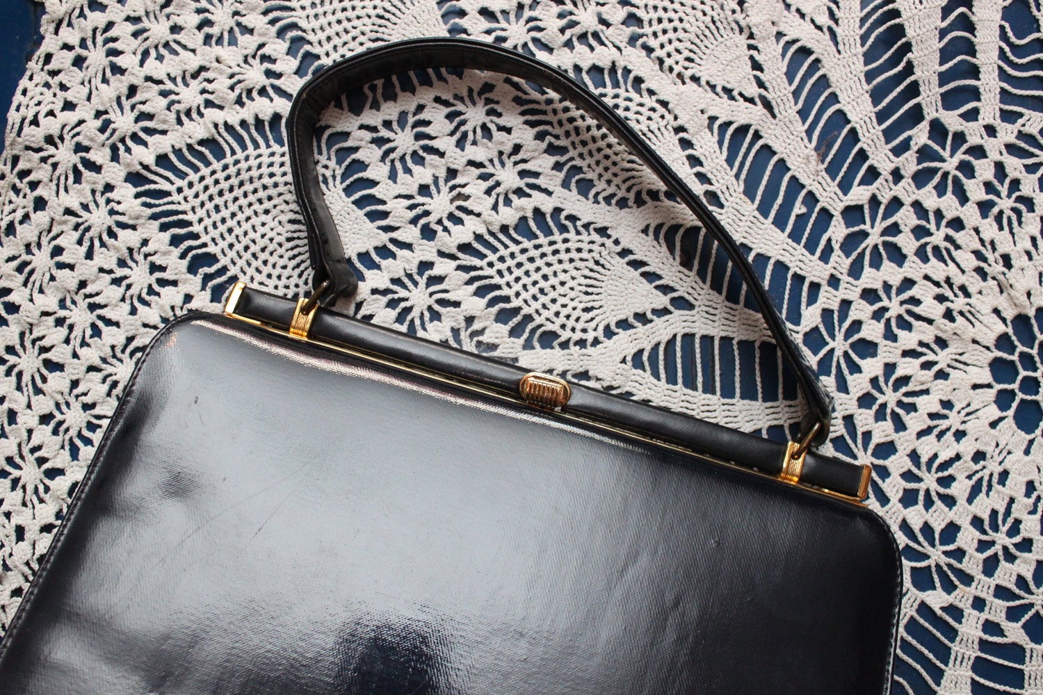 navy patent leather purse