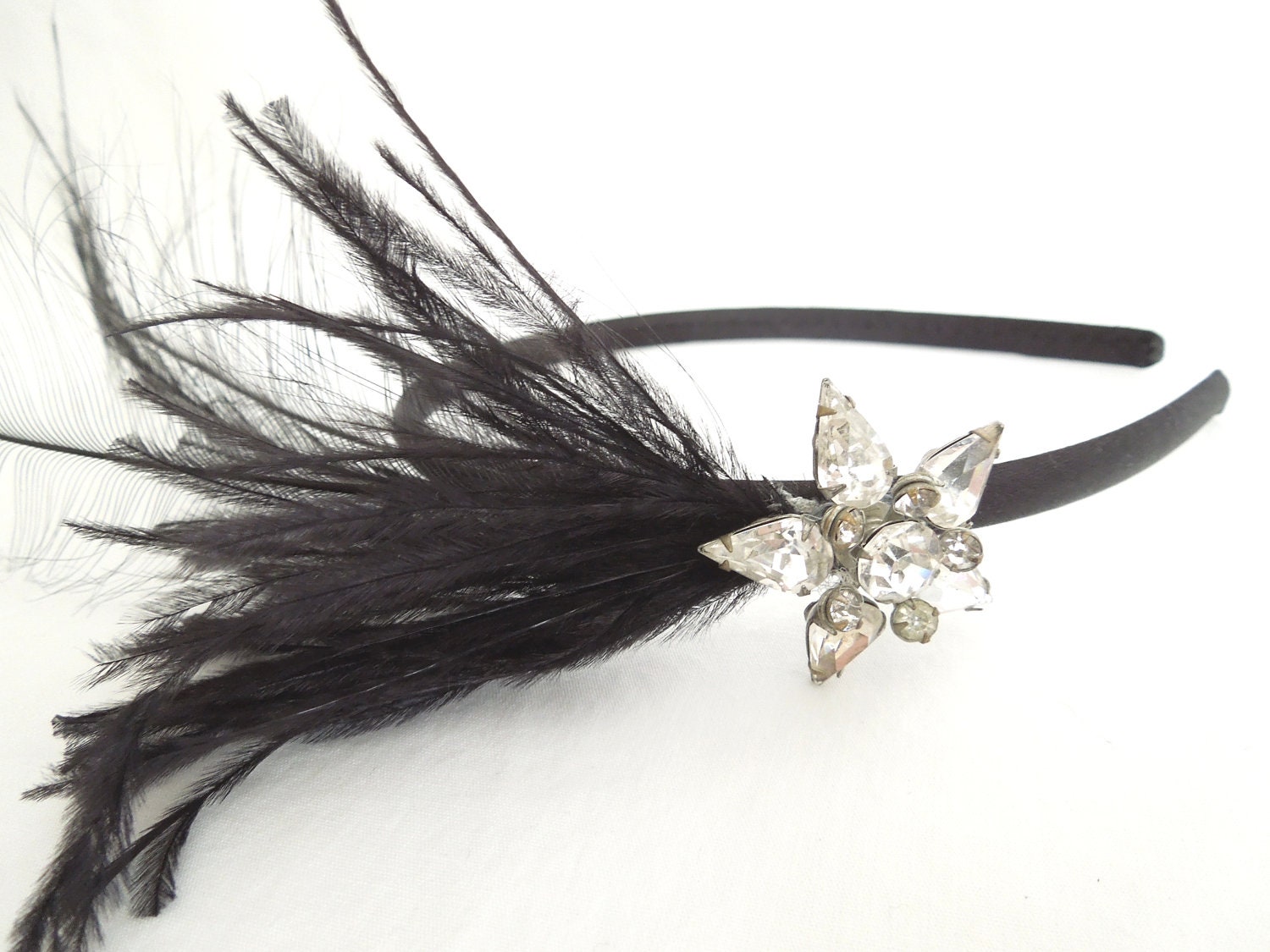 Black Feather & Rhinestone Headpiece- One of a Kind