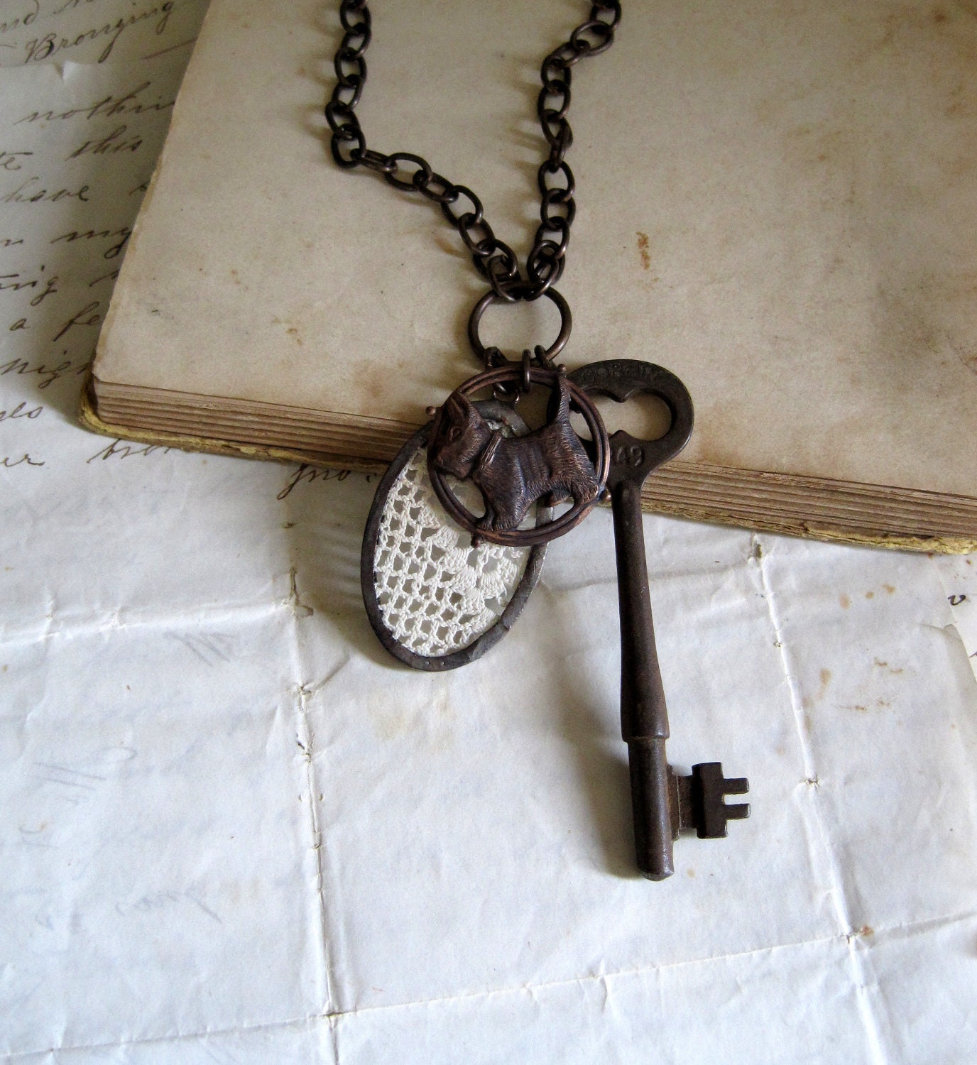 Past Defined Crochet Lace Skeleton Key Scottie Charm Necklace