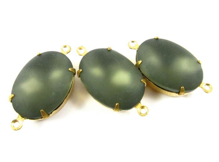 2 - 18x13mm Vintage Oval Glowing Stones in 2 Rings Closed Back Brass Prong Settings - Frosted Smoke Grey