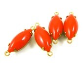 4 - 15x7mm Vintage Glass Navette Stones in 2 Rings Closed Back Brass Prong Settings - Opaque Red