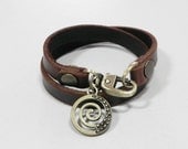 Leather Bracelet Leather Charm Bracelet Double Round Wrap Brown Color with Metal Spiral Coin Charm
