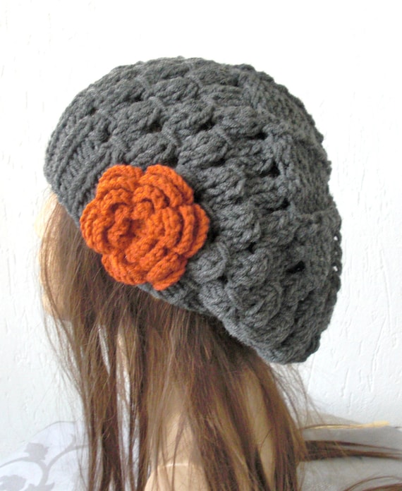 Hand Knit Womens  Hat   beret  Beanie in Charcoal Gray with  flower   Slouchy French   Beret Fall Autumn   Winter Accessories  Fashion