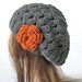 Hand Knit Womens  Hat   beret  Beanie in Charcoal Gray with  flower   Slouchy French   Beret Fall Autumn   Winter Accessories  Fashion