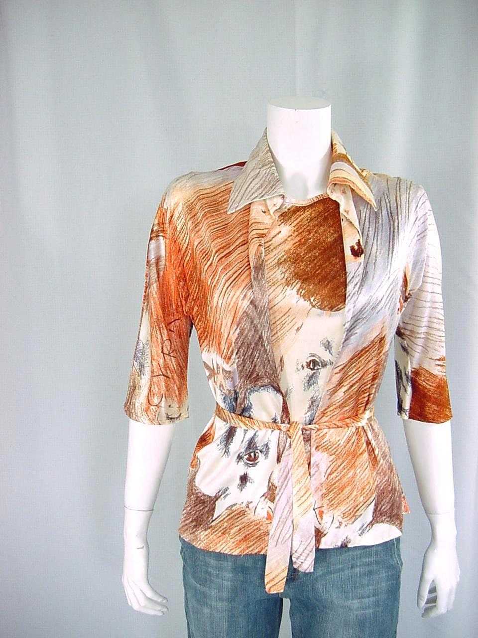 1970s Vintage Jersey Knit Shirt and Tank Top Two Piece Set - CYRK Circus Design with Horses - Extra Small to Small