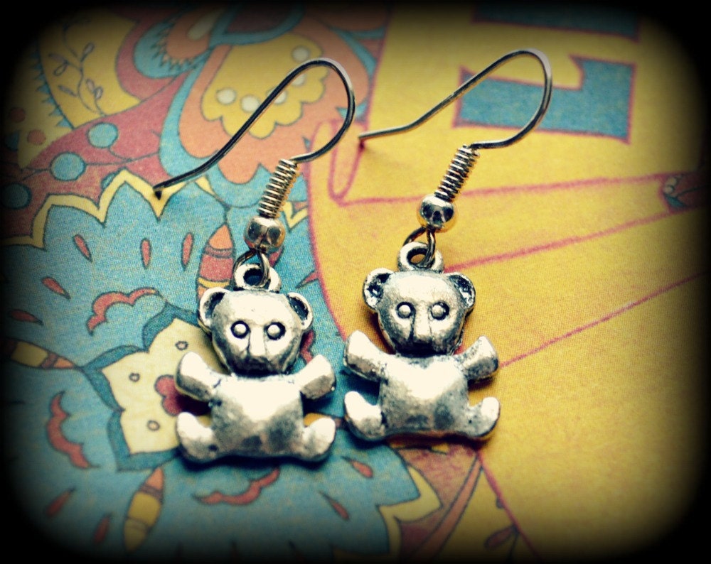 Silver Teddy Bear Charm Earrings - Cute and Adorable Stuffed Animal Dangles for Girls or Kitchy Women - Holiday Stocking Stuffers