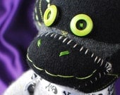 Handmade Sock Monkey Doll Stuffed Animal Toy Black Gray Chartreuse Green Argyle Angora BONES